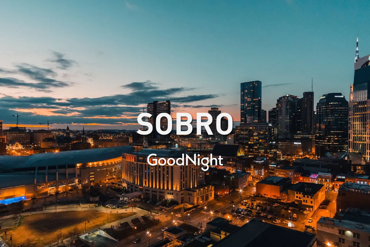 A panoramic view of the Nashville city skyline at sunset, with glowing street lights and lively streets below. The atmosphere is both serene and bustling, hinting at a dynamic nightlife and memorable evenings out.