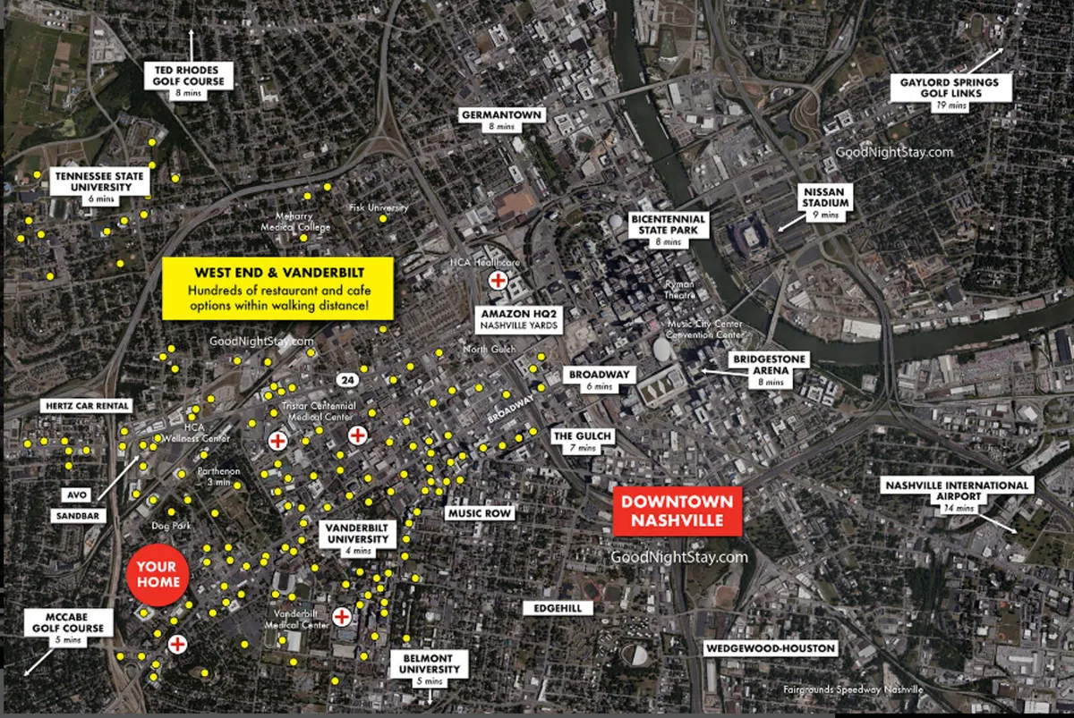 A panoramic city view capturing Downtown Nashville, West End, Vanderbilt University, and a bustling array of restaurants and cafes. The scene is vibrant, showing people exploring the area and hints of both historic and modern city life.