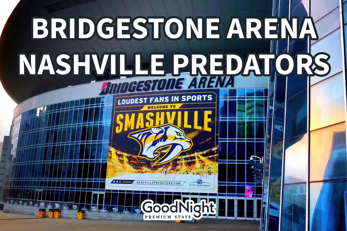 The image showcases the iconic Bridgestone Arena building, featuring its distinctive architecture, the Nashville Predators logo, and a 'Welcome to Smashville' banner. The busy plaza in front suggests excitement and anticipation for events, with a lively urban atmosphere.